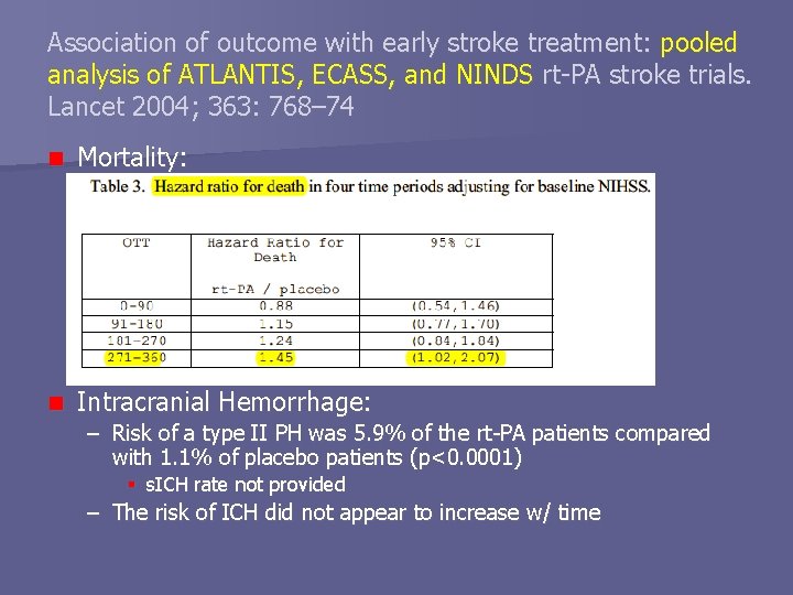Association of outcome with early stroke treatment: pooled analysis of ATLANTIS, ECASS, and NINDS