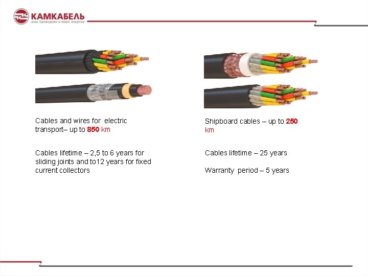 Cables and wires for electric transport– up to 850 km Shipboard cables – up