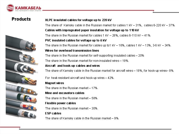 Products XLPE insulated cables for voltage up to 220 k. V The share of