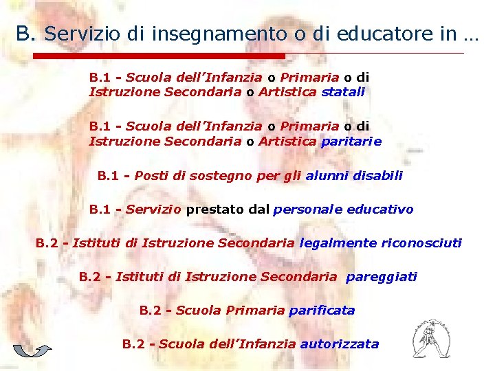 B. Servizio di insegnamento o di educatore in … B. 1 - Scuola dell’Infanzia B. Servizio di insegnamento o di educatore in … B. 1 - Scuola dell’Infanzia