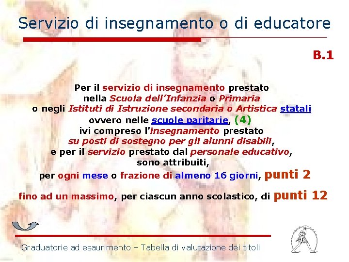 Servizio di insegnamento o di educatore B. 1 Per il servizio di insegnamento prestato