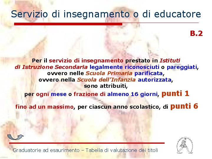 Servizio di insegnamento o di educatore B. 2 Per il servizio di insegnamento prestato Servizio di insegnamento o di educatore B. 2 Per il servizio di insegnamento prestato