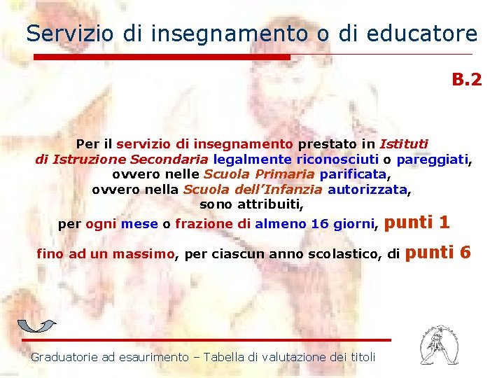 Servizio di insegnamento o di educatore B. 2 Per il servizio di insegnamento prestato