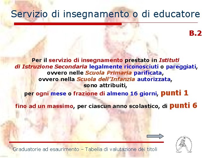 Servizio di insegnamento o di educatore B. 2 Per il servizio di insegnamento prestato Servizio di insegnamento o di educatore B. 2 Per il servizio di insegnamento prestato