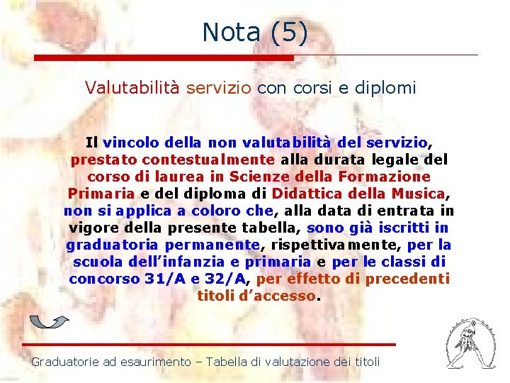 Nota (5) Valutabilità servizio con corsi e diplomi Il vincolo della non valutabilità del