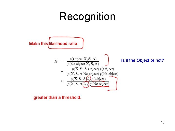 Recognition Make this likelihood ratio: Is it the Object or not? greater than a