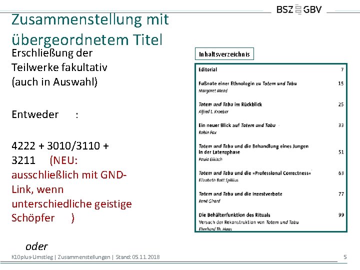 Zusammenstellung mit übergeordnetem Titel Erschließung der Teilwerke fakultativ (auch in Auswahl) Entweder Inhaltsverzeichnis :