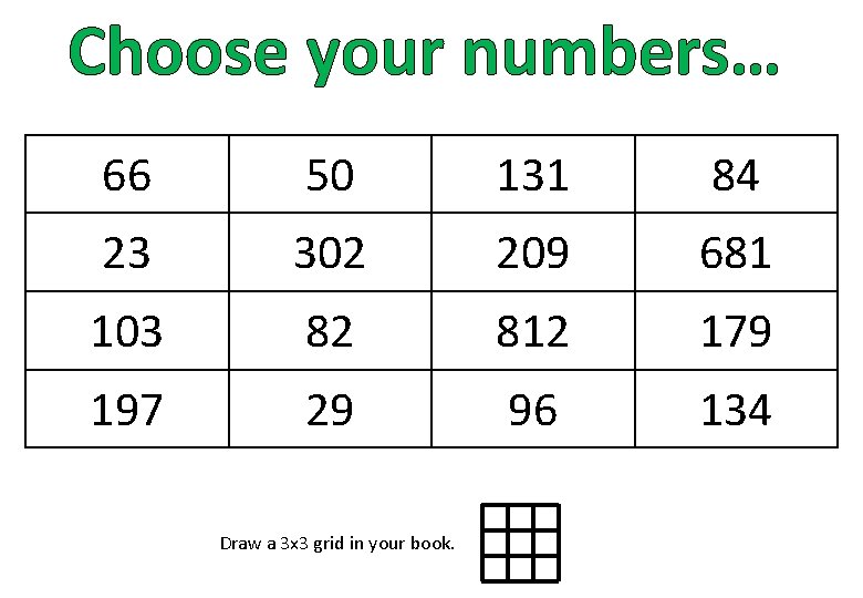 Choose your numbers… 66 50 131 84 23 302 209 681 103 82 812