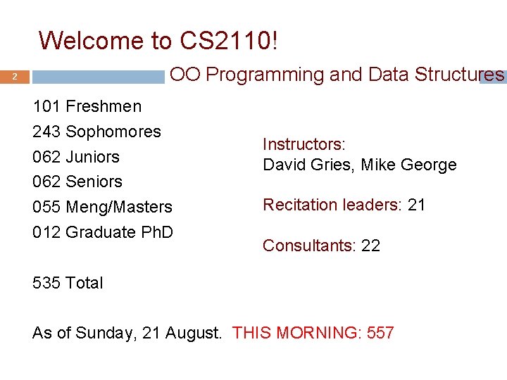 Welcome to CS 2110! OO Programming and Data Structures 2 101 Freshmen 243 Sophomores