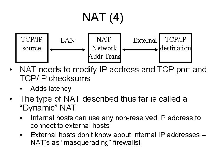 NAT (4) TCP/IP source LAN NAT Network Addr Trans External TCP/IP destination • NAT