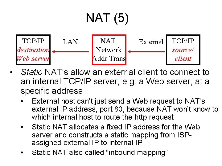 NAT (5) TCP/IP destination Web server LAN NAT Network Addr Trans External TCP/IP source/