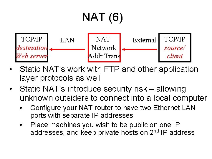 NAT (6) TCP/IP destination Web server LAN NAT Network Addr Trans External TCP/IP source/