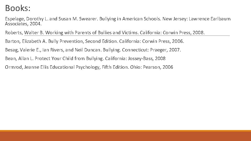 Books: Espelage, Dorothy L. and Susan M. Swearer. Bullying in American Schools. New Jersey: