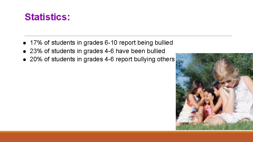 Statistics: l l l 17% of students in grades 6 -10 report being bullied
