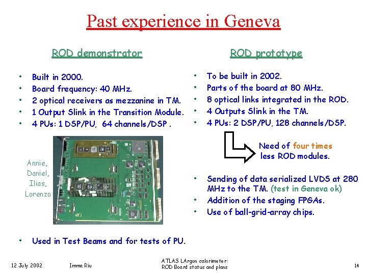 Past experience in Geneva ROD demonstrator • • • ROD prototype Built in 2000.