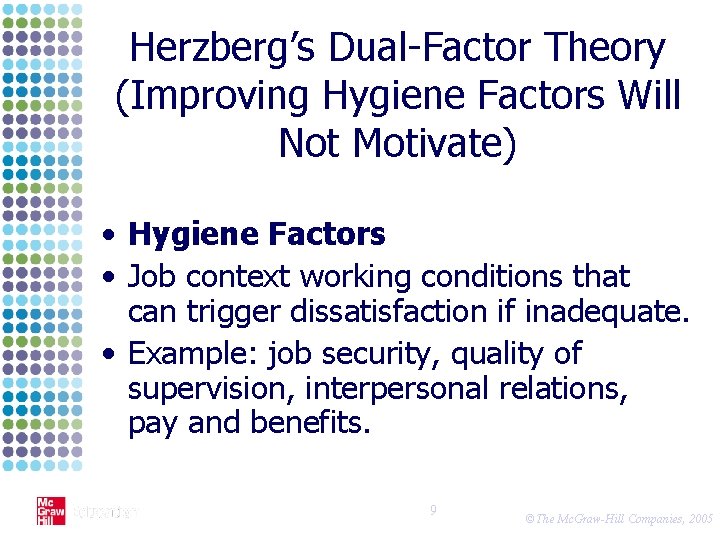 Herzberg’s Dual-Factor Theory (Improving Hygiene Factors Will Not Motivate) • Hygiene Factors • Job