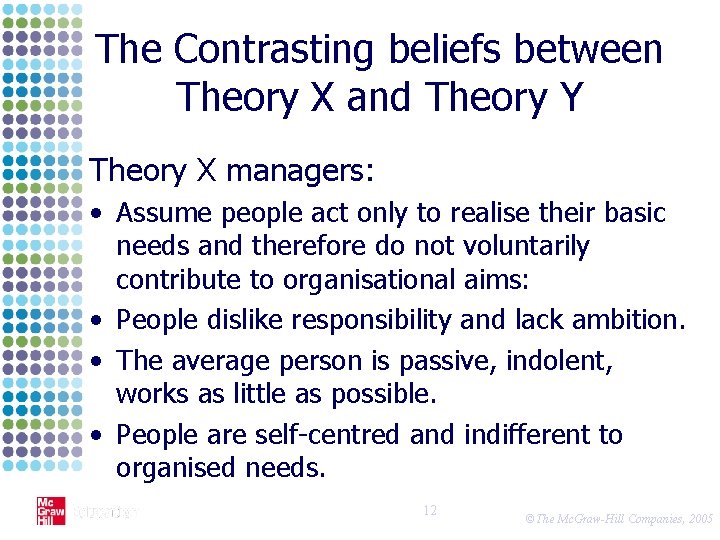 The Contrasting beliefs between Theory X and Theory Y Theory X managers: • Assume