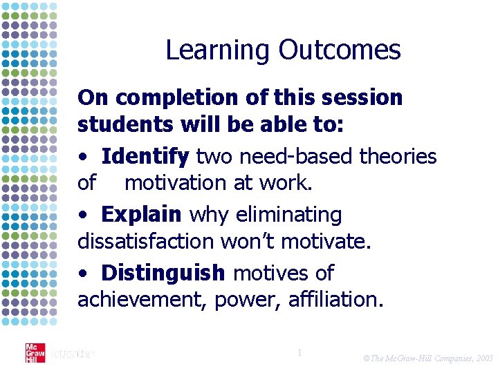 Learning Outcomes On completion of this session students will be able to: • Identify