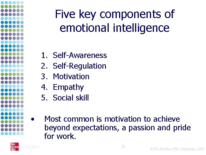Five key components of emotional intelligence 1. 2. 3. 4. 5. • Self-Awareness Self-Regulation