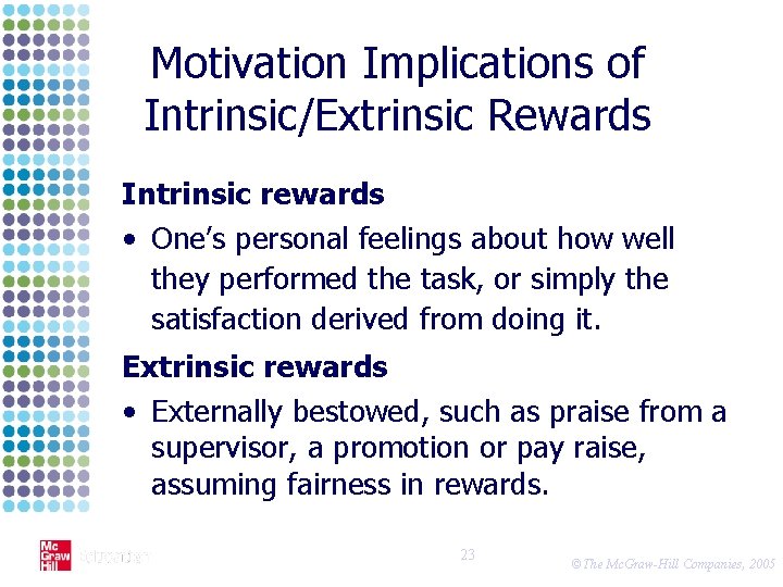 Motivation Implications of Intrinsic/Extrinsic Rewards Intrinsic rewards • One’s personal feelings about how well