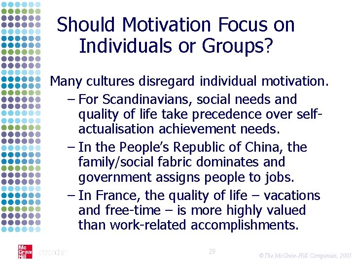 Should Motivation Focus on Individuals or Groups? Many cultures disregard individual motivation. – For