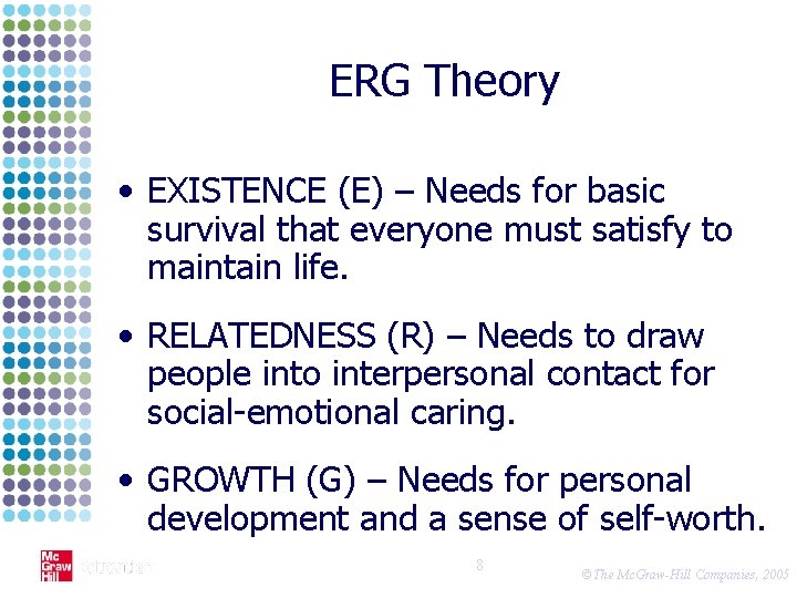 ERG Theory • EXISTENCE (E) – Needs for basic survival that everyone must satisfy