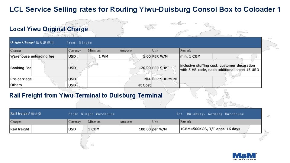 LCL Service Selling rates for Routing Yiwu-Duisburg Consol Box to Coloader 1 Local Yiwu