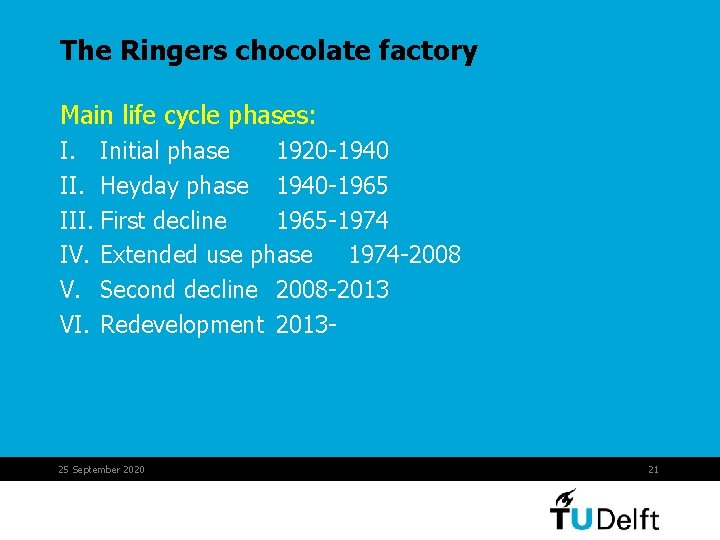 The Ringers chocolate factory Main life cycle phases: I. Initial phase 1920 -1940 II.