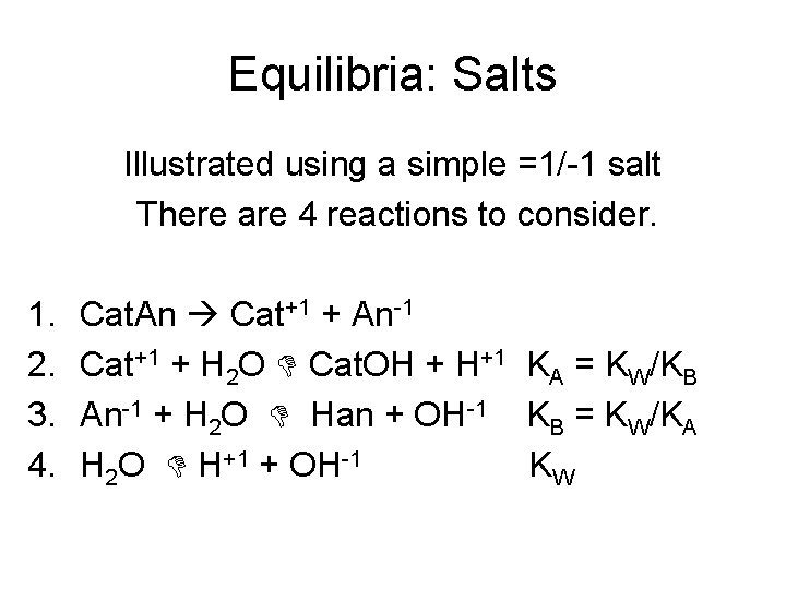 Equilibria: Salts Illustrated using a simple =1/-1 salt There are 4 reactions to consider.