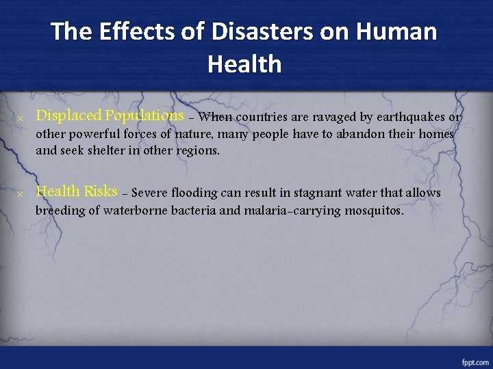 The Effects of Disasters on Human Health × Displaced Populations - When countries are