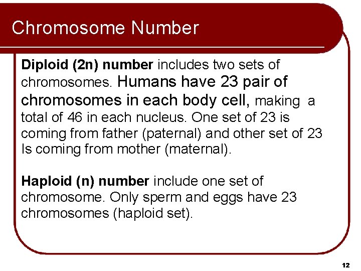 Chromosome Number Diploid (2 n) number includes two sets of chromosomes. Humans have 23