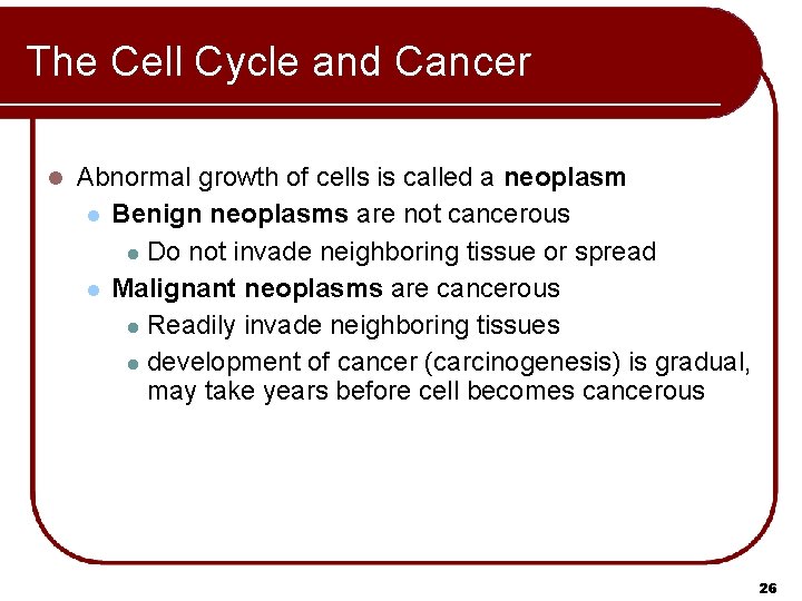 The Cell Cycle and Cancer l Abnormal growth of cells is called a neoplasm