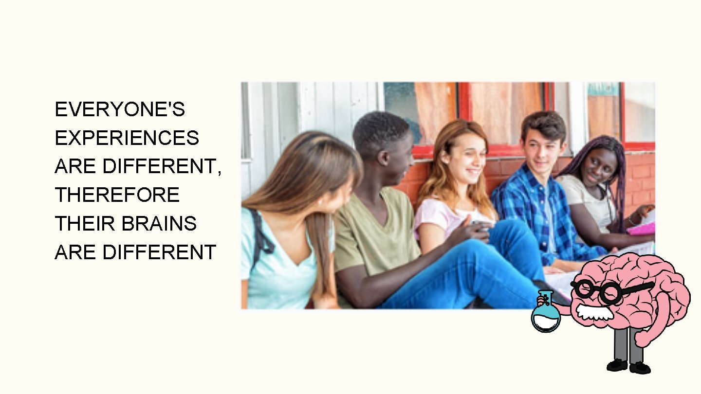 EVERYONE'S EXPERIENCES ARE DIFFERENT, THEREFORE THEIR BRAINS ARE DIFFERENT 