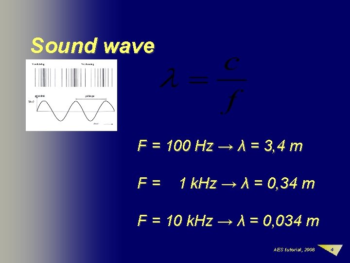 Sound wave F = 100 Hz → λ = 3, 4 m F= 1