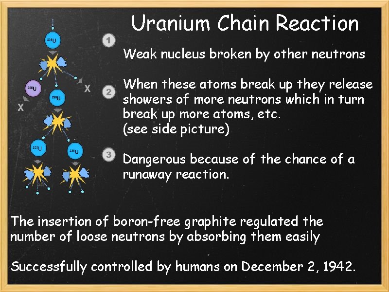 Uranium Chain Reaction Weak nucleus broken by other neutrons When these atoms break up