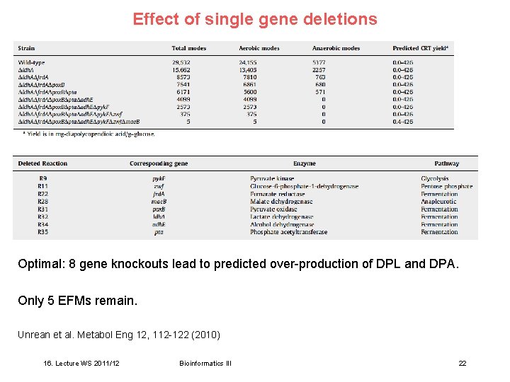 Effect of single gene deletions Optimal: 8 gene knockouts lead to predicted over-production of