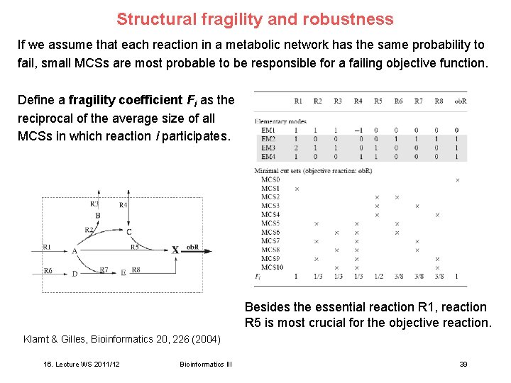 Structural fragility and robustness If we assume that each reaction in a metabolic network