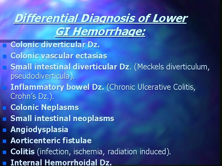 Differential Diagnosis of Lower GI Hemorrhage: n n n n n Colonic diverticular Dz.