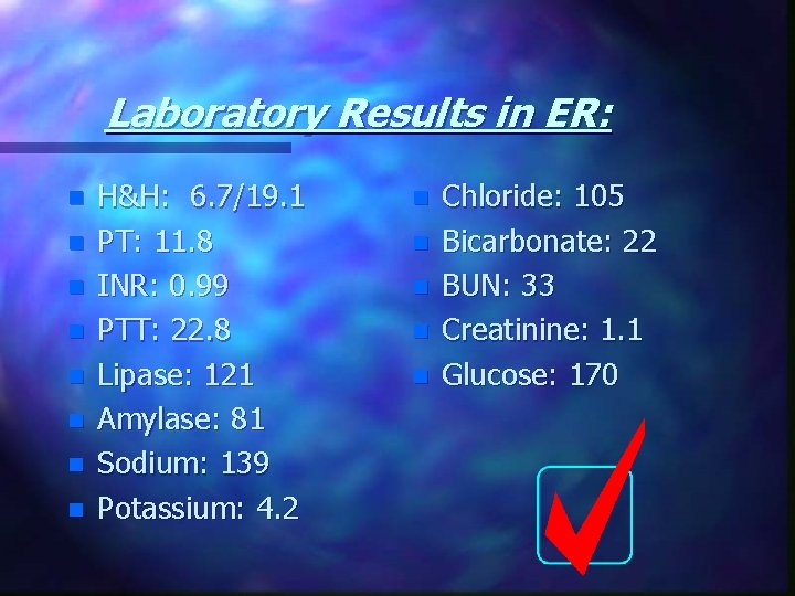 Laboratory Results in ER: n n n n H&H: 6. 7/19. 1 PT: 11.