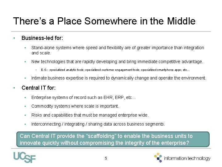 There’s a Place Somewhere in the Middle • Business-led for: • Stand-alone systems where