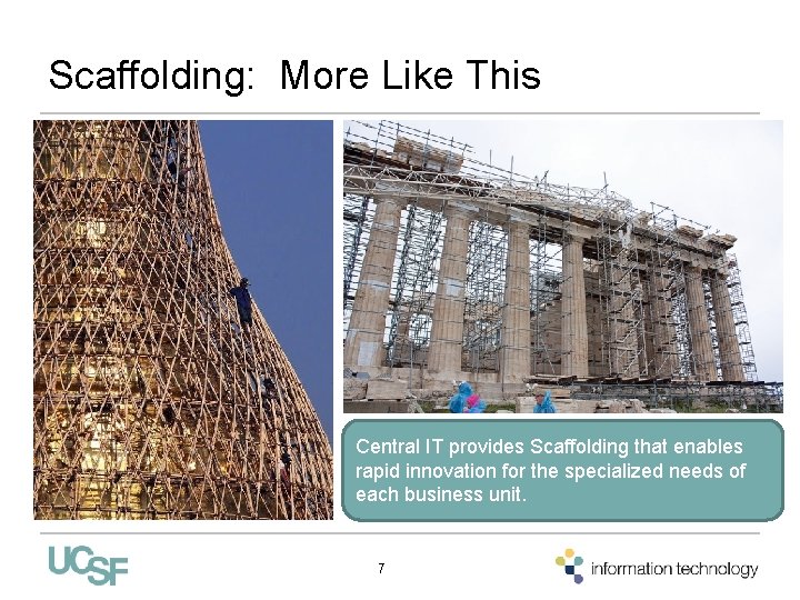 Scaffolding: More Like This Central IT provides Scaffolding that enables rapid innovation for the