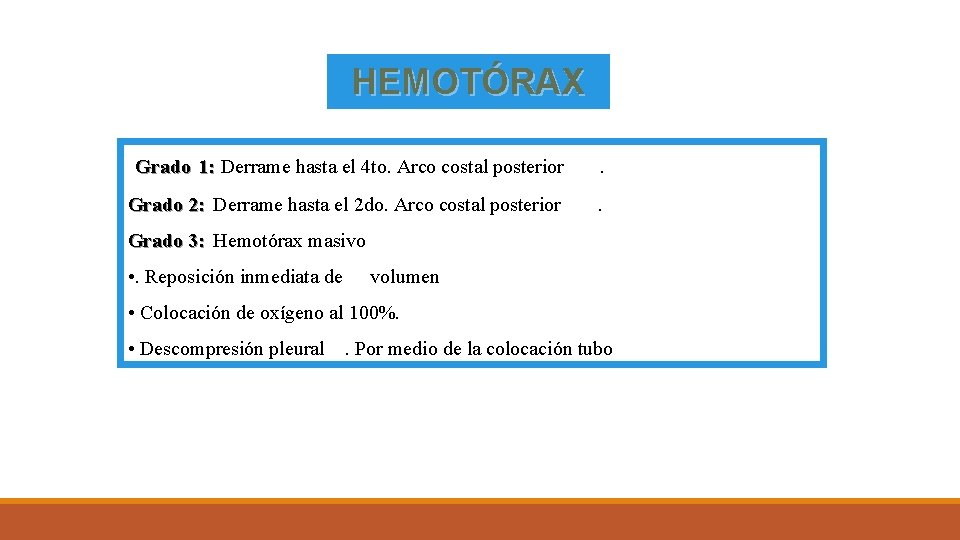 HEMOTÓRAX Grado 1: Derrame hasta el 4 to. Arco costal posterior . Grado 2: