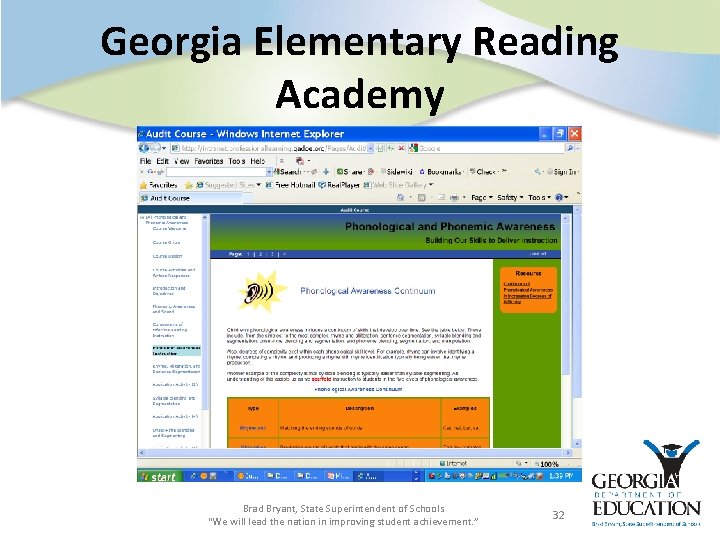 Georgia Elementary Reading Academy Brad Bryant, State Superintendent of Schools “We will lead the
