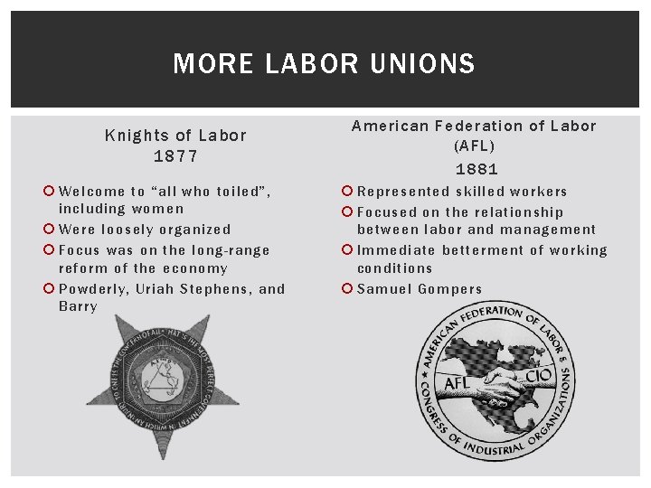 MORE LABOR UNIONS Knights of Labor 1877 Welcome to “all who toiled”, including women