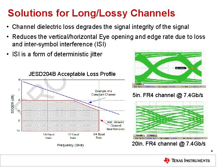 Solutions for Long/Lossy Channels • Channel dielectric loss degrades the signal integrity of the