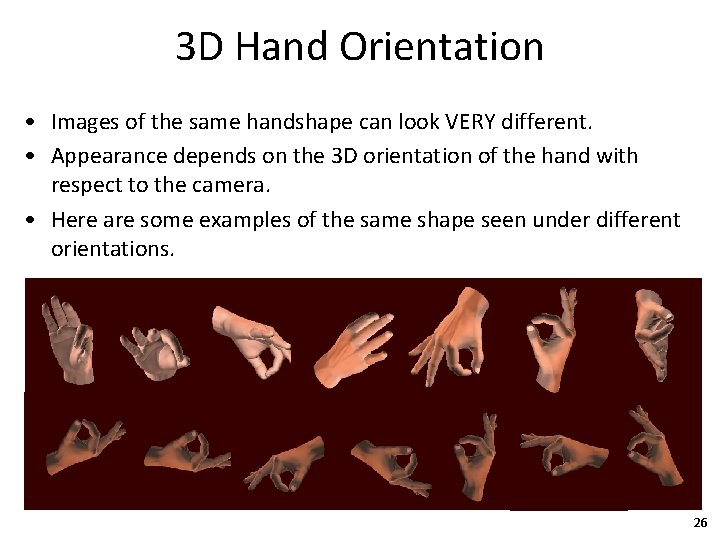 3 D Hand Orientation • Images of the same handshape can look VERY different.