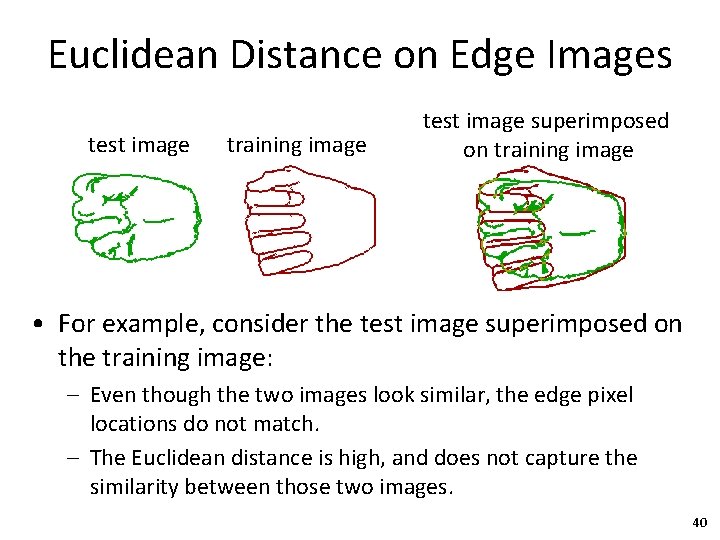 Euclidean Distance on Edge Images test image training image test image superimposed on training