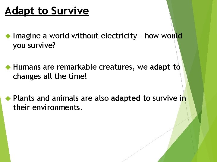 Adapt to Survive Imagine a world without electricity – how would you survive? Humans