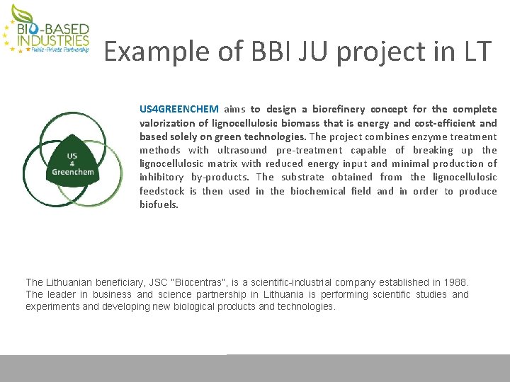 Example of BBI JU project in LT US 4 GREENCHEM aims to design a