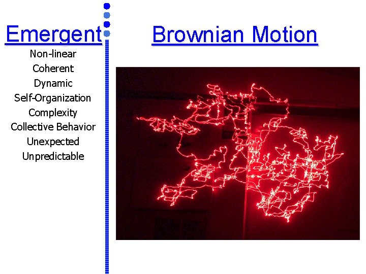 Emergent Non-linear Coherent Dynamic Self-Organization Complexity Collective Behavior Unexpected Unpredictable Brownian Motion 